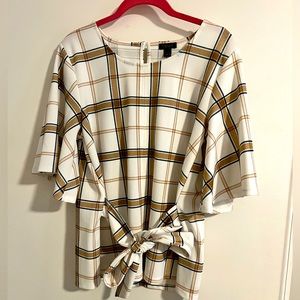 Ann Taylor Women’s Blouse,  x-large. White, blue, tan, plaid with tie in front.